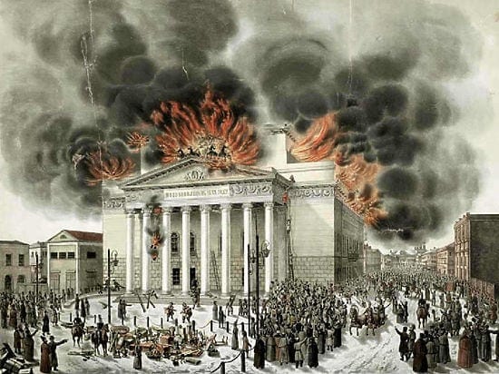 Пожар Большого Петровского театра. Литография с рисунка А. Лилье, 1853 год