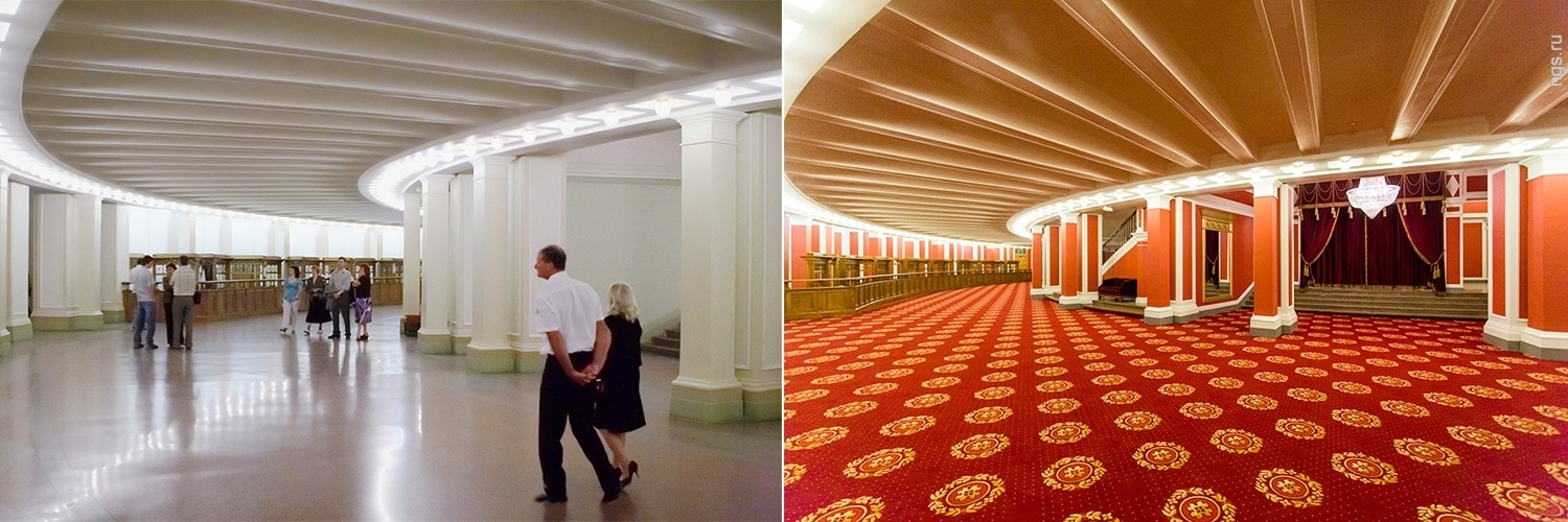 Интерьер Новосибирского театра до и после ремонта. Фото - Виктор Дмитриев (было), Александр Ощепков (стало)
