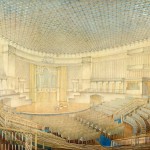 Концертный зал имени Чайковского, 1940-1941 гг. Перспектива. Бумага, тушь, карандаш, акварель. Архитектурно-проектная мастерская при Моссовете №2: Д. Н. Чечулин, К. К. Орлов