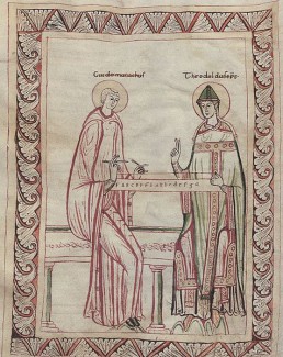 Гвидо д’Ареццо обучает игре на монохорде епископа Теобальда. Миниатюра из кодекса XI века. Фото - Wikimedia Commons