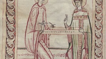 Гвидо д’Ареццо обучает игре на монохорде епископа Теобальда. Миниатюра из кодекса XI века. Фото - Wikimedia Commons