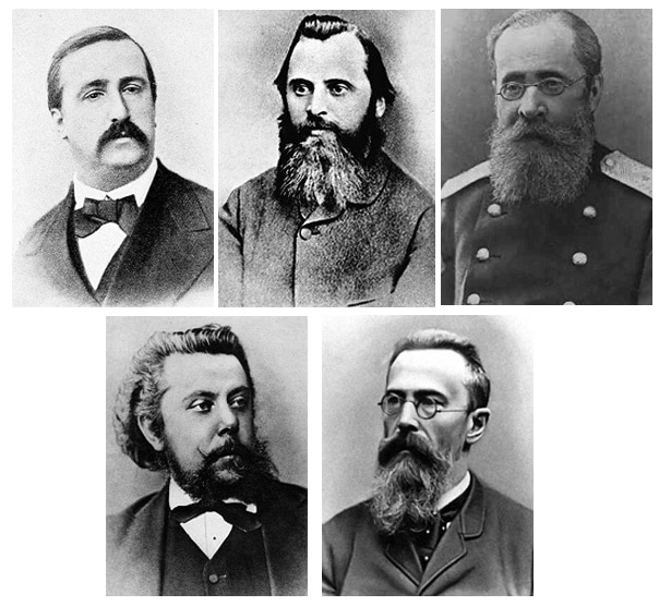 А. Бородин, М. Балакирев, Ц. Кюи, М. Мусоргский и Н. Римский-Корсаков
