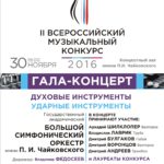 Итоги Всероссийского музыкального конкурса по специальности "Духовые инструменты, ансамбли духовых инструментов" подведут на гала-концерте 30 ноября 2016 в Концертном зале имени П. И. Чайковского.